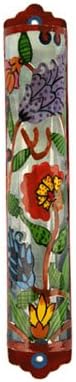 Yair Emanuel Hand Painted Metal Mezuzah with Flowers
