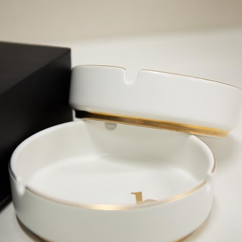 Luxurious Ceramic Ashtray with Gold Edging and Embossed Gold Lettering