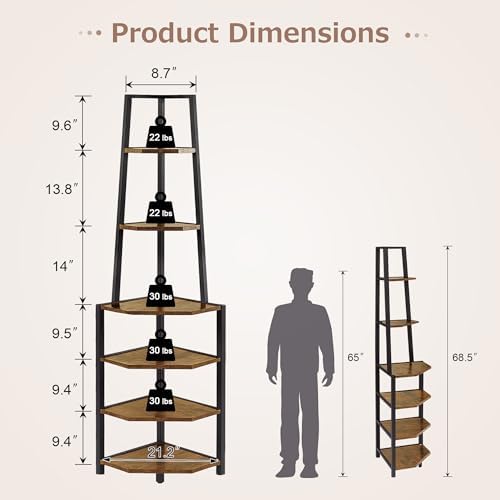 VECELO 6 Tier Corner Shelf Industrial Bookshelf Brown