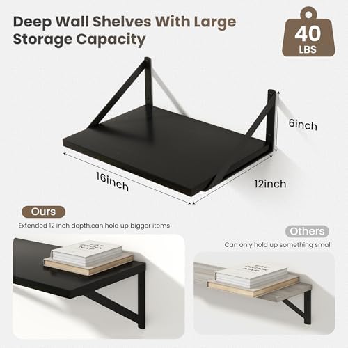 Marsmiles Black Floating Shelves Set of 2 12 Inch Deep Wood Wall Mount