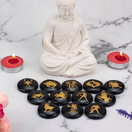 Crocon Black Agate Zodiac Symbols Engraved Stones Set of 12