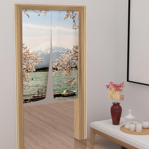 Traditional Japanese Noren Door Curtain with Mount Fuji Cherry Blossom Design