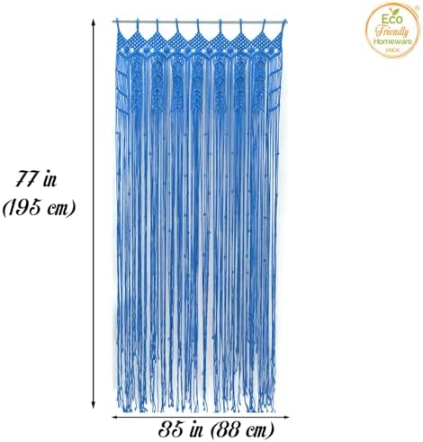 Macrame Curtain Boho Beaded Doorway Hanging Blue 77x35 Inch