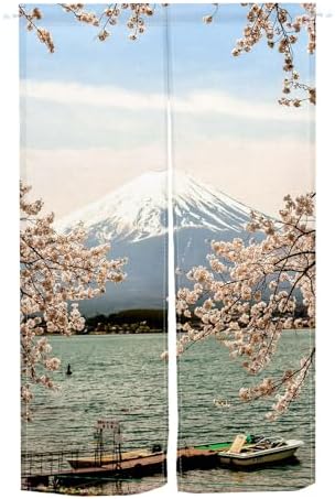 Traditional Japanese Noren Door Curtain with Mount Fuji Cherry Blossom Design