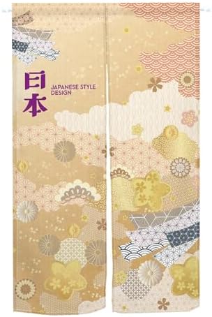 Japanese Style Noren Door Curtain with Flowers and Waves Pattern