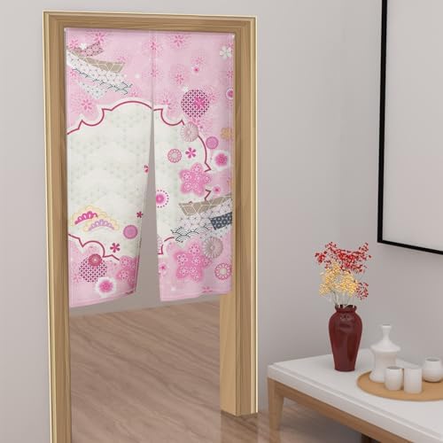 Traditional Japanese Noren Door Curtain with Pink Flowers Print