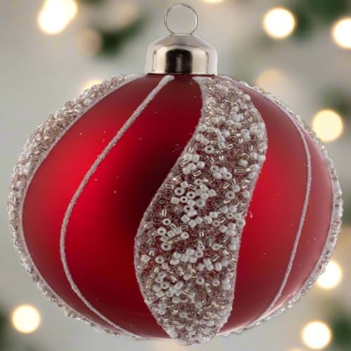 Karma Christmas Hanging Ornament White Bead Striped Glass Ball
