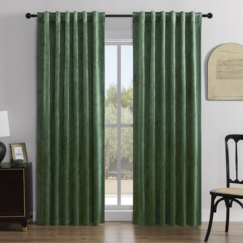 Green Velvet Curtains 84 Inches 2 Panels Blackout Drapes
