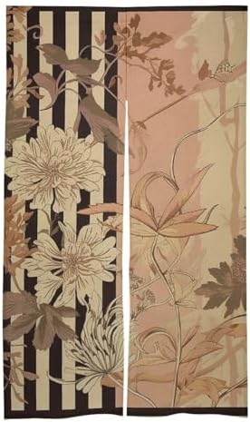 Japanese Noren Door Curtain with Flowers and Stripes Design