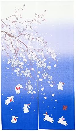 Japanese Noren Door Curtain Cherry Blossoms Rabbit Blue Room Divider