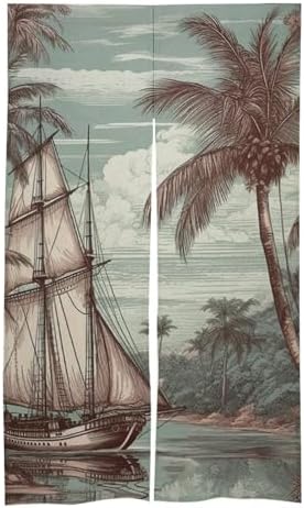 Japanese Noren Door Curtain with Tree and Sailboat Print