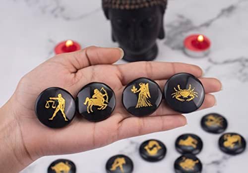 Crocon Black Agate Zodiac Symbols Engraved Stones Set of 12