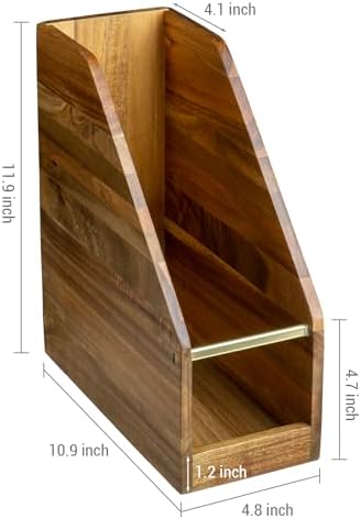 MyGift Premium Hotel Series Solid Acacia Wood Magazine Holder with Brass Metal Accent