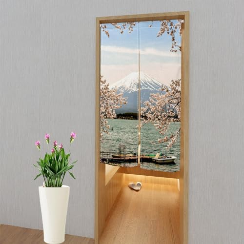 Traditional Japanese Noren Door Curtain with Mount Fuji Cherry Blossom Design
