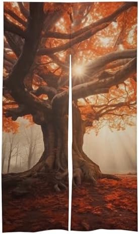 Japanese Noren Door Curtain with Maple Leaves and Old Tree Print