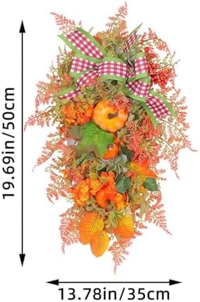 Fall Teardrop Swag Wreath with Pumpkins Sunflowers and Maple Leaves