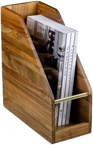 MyGift Premium Hotel Series Solid Acacia Wood Magazine Holder with Brass Metal Accent