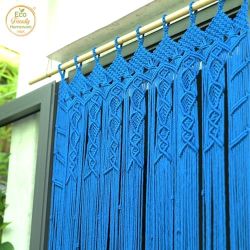 Macrame Curtain Boho Beaded Doorway Hanging Blue 77x35 Inch