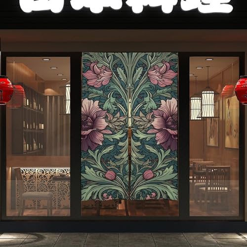 Japanese Noren Door Curtain Green and Magenta Print 34x57 Inch