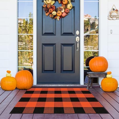 Orange and Black Buffalo Plaid Outdoor Rug 2x3 Cotton Woven Area Rug