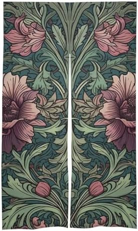 Japanese Noren Door Curtain Green and Magenta Print 34x57 Inch