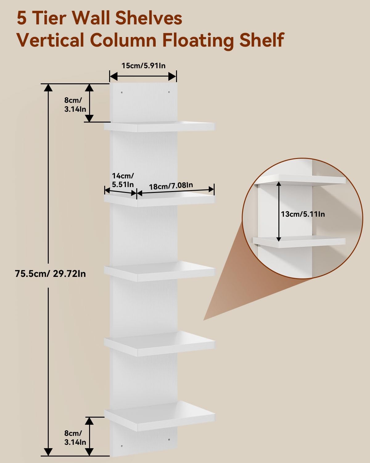 IBUYKE 5 Tier Wall Shelf Unit White Vertical Storage Shelf