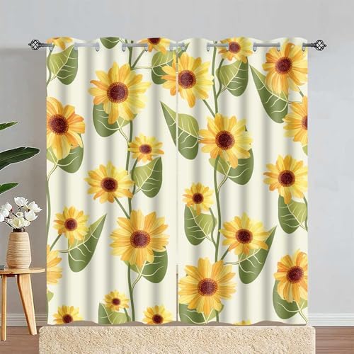 Yellow Sunflower Print Curtains with Grommets 42x84 Inch 2 Panels