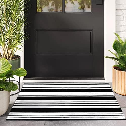 Black and White Striped Outdoor Rug 275x43 Inch Reversible Door Mat