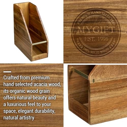 MyGift Premium Hotel Series Solid Acacia Wood Magazine Holder with Brass Metal Accent