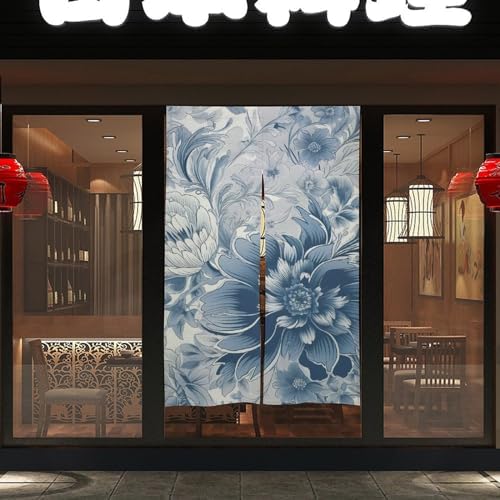 Japanese Noren Door Curtain Blue Gray Flowers Print 34x57