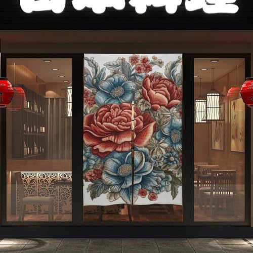 Japanese Noren Door Curtain with Blue and Red Flowers