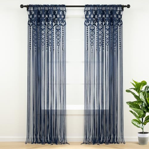 Boho Macrame Cotton Curtain Panel 40x84 Navy