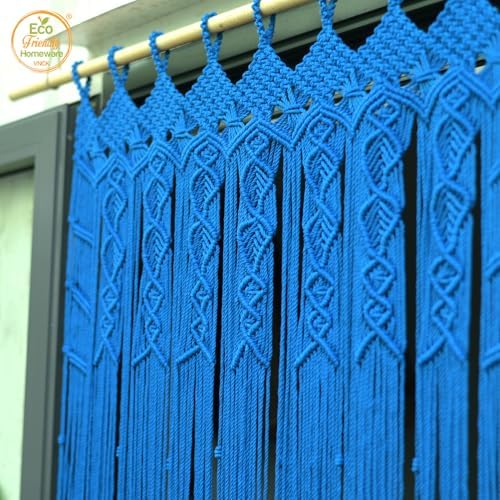 Macrame Curtain Boho Beaded Doorway Hanging Blue 77x35 Inch