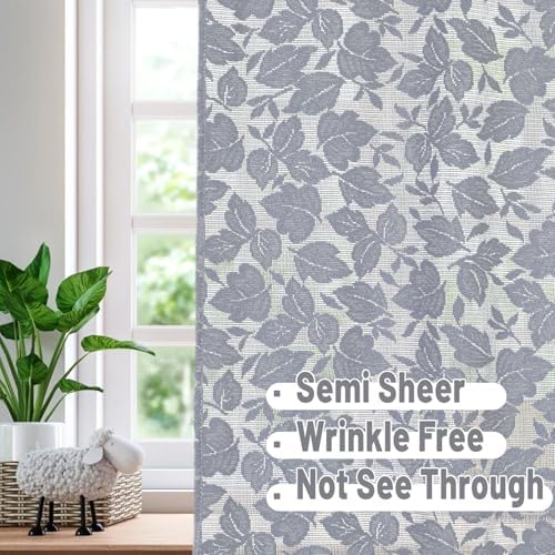 Lace French Door Curtain Grey Leaves 72 Inch 2 Pack