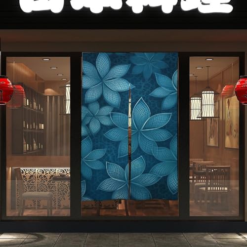 Japanese Noren Door Curtain with Grid Flowers Design
