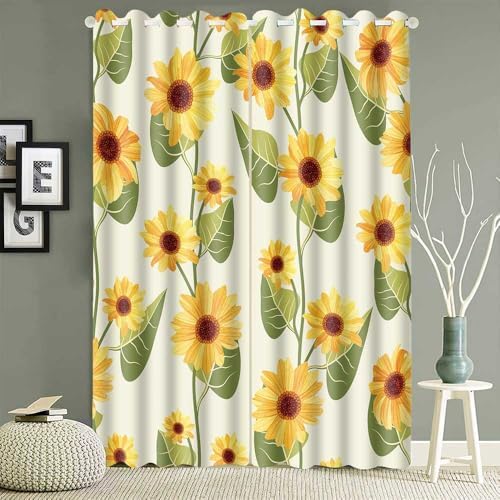 Yellow Sunflower Print Curtains with Grommets 42x84 Inch 2 Panels