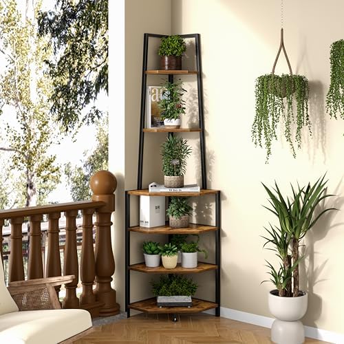 VECELO 6 Tier Corner Shelf Industrial Bookshelf Brown