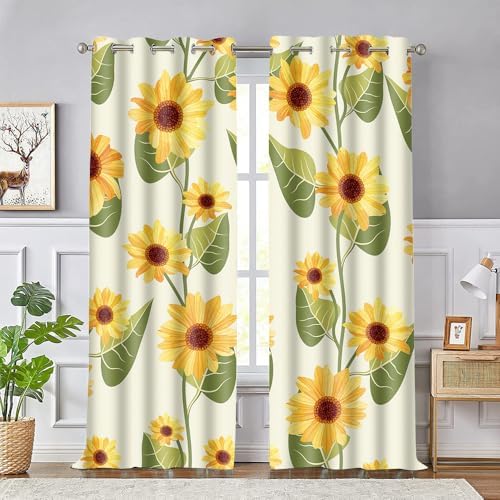 Yellow Sunflower Print Curtains with Grommets 42x84 Inch 2 Panels