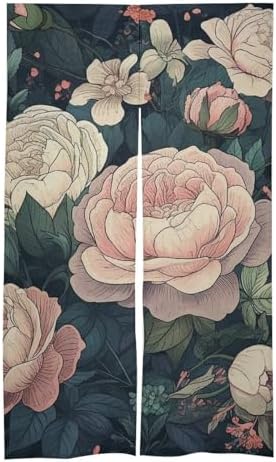 Japanese Noren Door Curtain with Green Flowers Print 34x57