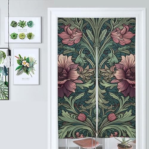 Japanese Noren Door Curtain Green and Magenta Print 34x57 Inch
