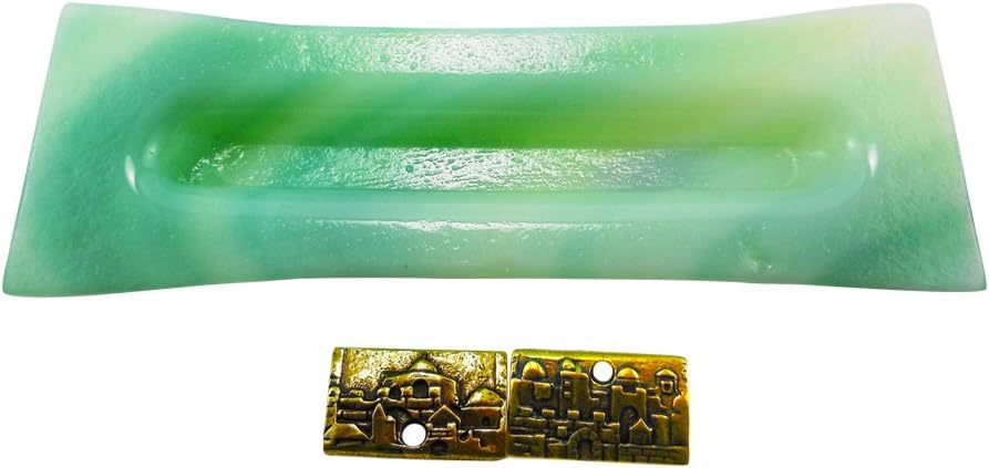 Handmade Glass Mezuzah with Green Yellow Blue Colors