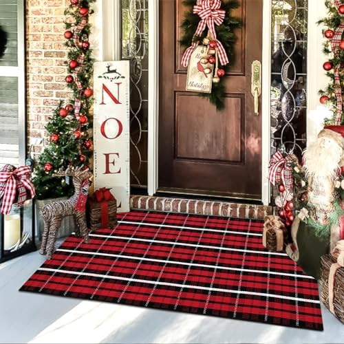 OJIA Christmas Front Door Mat 2X43 Red Buffalo Plaid