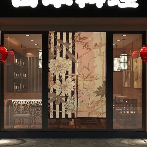 Japanese Noren Door Curtain with Flowers and Stripes Design