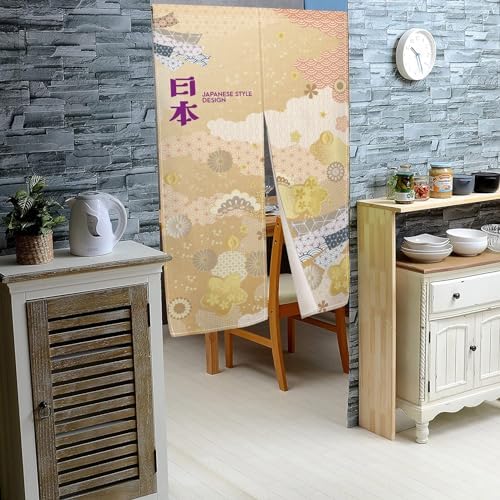 Japanese Style Noren Door Curtain with Flowers and Waves Pattern