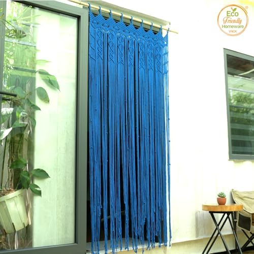 Macrame Curtain Boho Beaded Doorway Hanging Blue 77x35 Inch