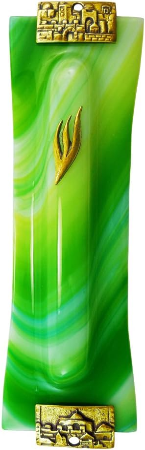 Handmade Glass Mezuzah with Green Yellow Blue Colors