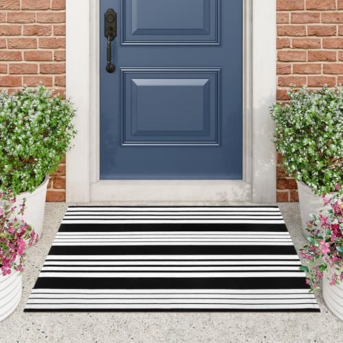 Black and White Striped Outdoor Rug 275x43 Inch Reversible Door Mat