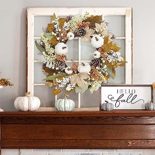 Ochine White Pumpkin Fall Wreath with Sunflowers and Leaves