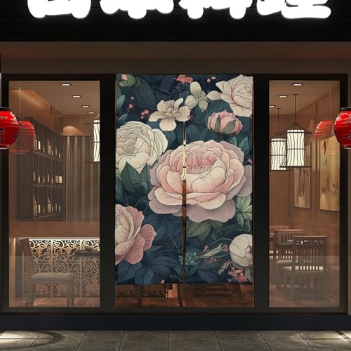 Japanese Noren Door Curtain with Green Flowers Print 34x57