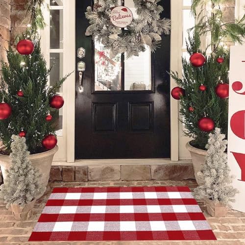 Christmas Red and White Plaid Rug 28x43 Inches Door Mat